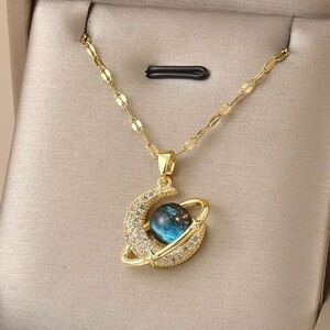 Celestial Gold and Blue Necklace with Planet Pendant